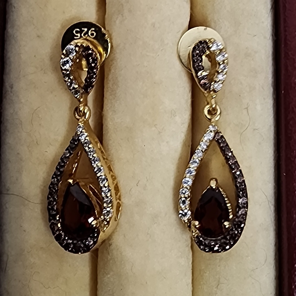 Gold Over Sterling Silver With Garnets Earrings